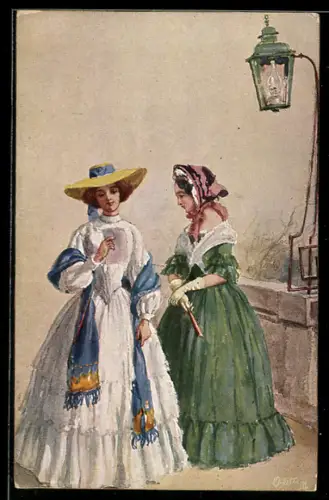 AK Zwei junge Frauen in Kleidern mit Fächer