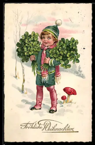 AK Ein Kind mit ganz vielen Kleeblättern in der Hand und zwei Fliegenpilze auf dem Boden