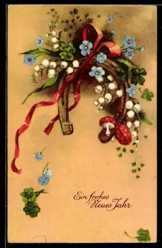 AK Hufeisen mit Fliegenpilzen, Neujahrsgruss