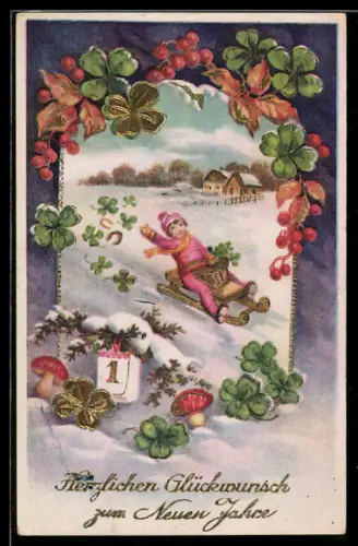 AK Junge mit Klee auf Schlitten, Fliegenpilze, Neujahrsgruss