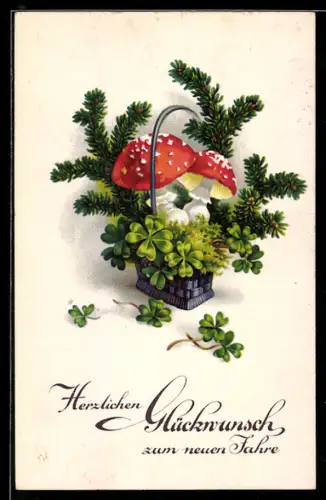 AK Korb mit Fliegenpilzen und Klee, Neujahrsgruss