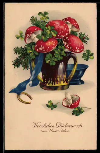 AK Vase mit Fliegenpilzen, Neujahrsgruss