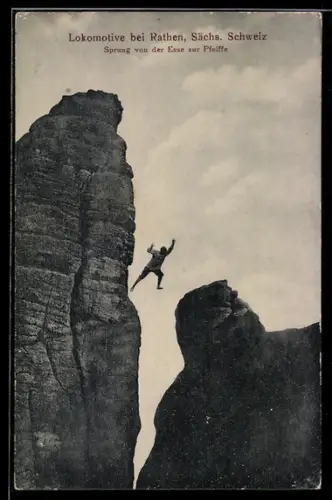 AK Rathen /Sächs. Schweiz, Lokomotive, Sprung von der Esse zur Pfeiffe
