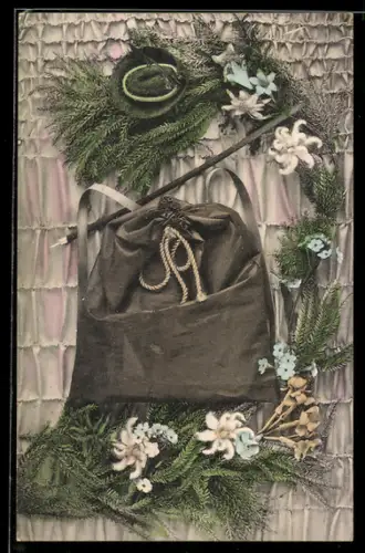 AK Bergsteigerausrüstung mit Alpenblumen