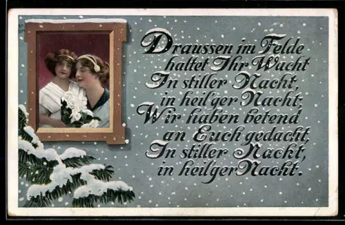 AK Frau und Mädchen am Fenster bei Schneefall