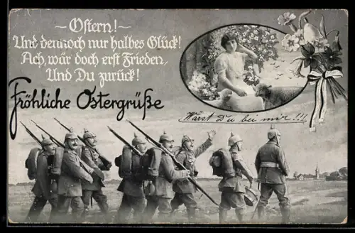 AK Junge Frau im Kleid, Soldaten in Uniform, Ostergruss
