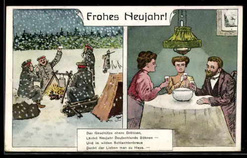 AK Familie trinkt Punsch, Soldaten am Feuer bei Schnee, Neujahrsgruss