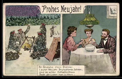 AK Familie trinkt Punsch, Soldaten am Feuer bei Schnee, Neujahrsgruss
