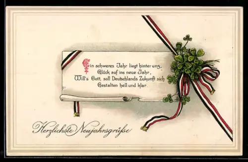 AK Herzlichste Neujahrsgrüsse, Reichsfahne mit Kleeblättern