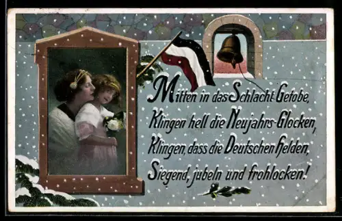 AK Frau und Mädchen am Fenster bei Schneefall