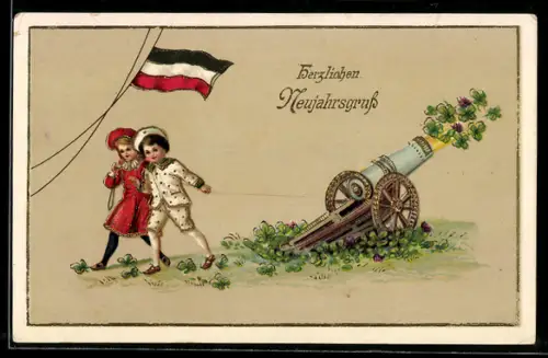 AK Kleine Kinder zünden mit Kleeblättern gefüllte Kanone, Kriegsneujahr