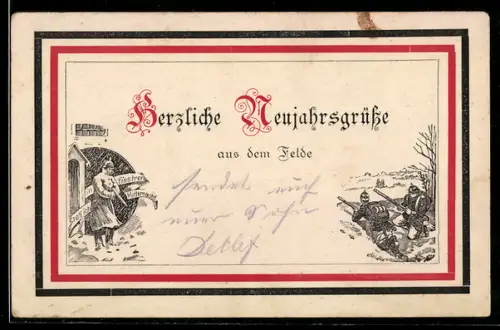 AK Soldat in Uniform nachts am Wachhäuschen, Neujahrsgruss