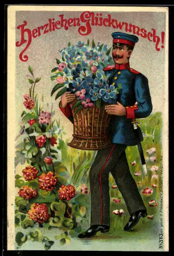 AK Soldat in Uniform mit Blumenkorb, Glückwunsch