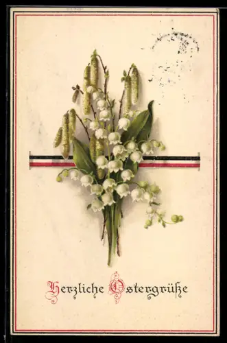 Lithographie Maiglöckchenstrauss mit Band in deutschen Farben - Ostergruss