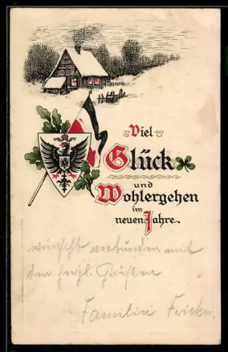 AK Glück zum neuen Jahr, Haus und Wappen