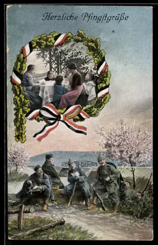 AK Familie am Tisch, Soldaten in Uniform, Pfingstgruss