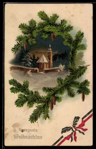 Präge-AK Kapelle nachts im Winter, Tannenzweige, Weihnachtsgruss