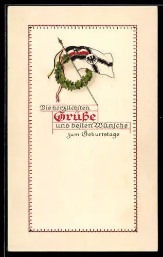 AK Kranz mit Fahne und Fahnenband, Neujahrsgruss