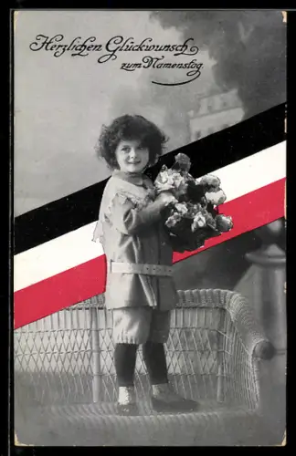 AK Kleiner Junge mit Blumen, Glückwunsch zum Namenstag