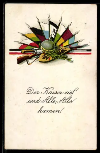 AK Pickelhaube mit Gewehr und Fahnen, Zweibund