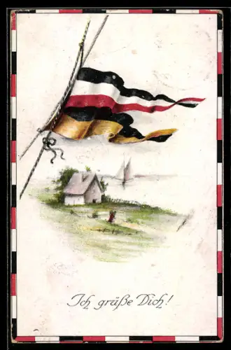 AK Haus am Ufer mit Fahnen, Zweibund