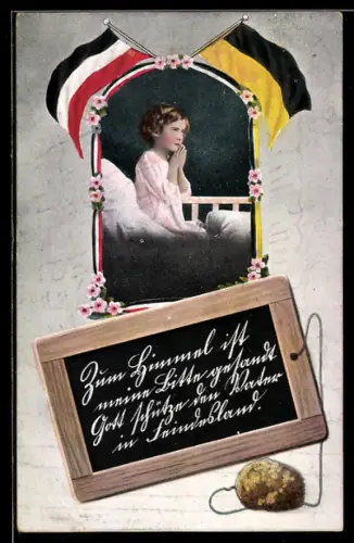 AK Betendes Mädchen, Tafel, Fahnen, Zweibund