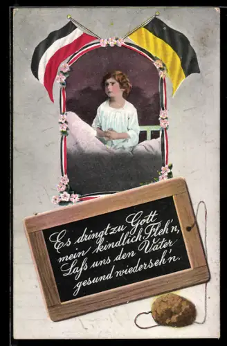 AK Betendes Mädchen, Tafel, Fahnen, Zweibund