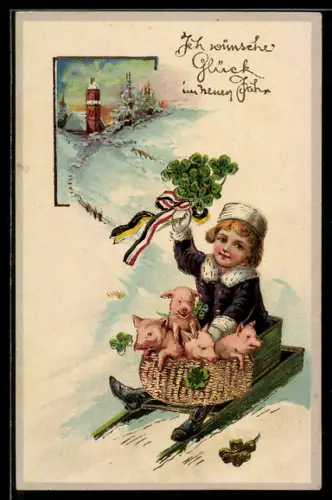 AK Mädchen rodelt mit Schweinen im Korb auf einem Schlitten