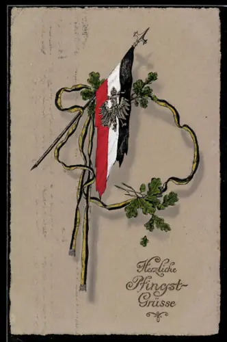 Präge-AK Fahne mit Fahnenband, Pfingstgruss, Zweibund