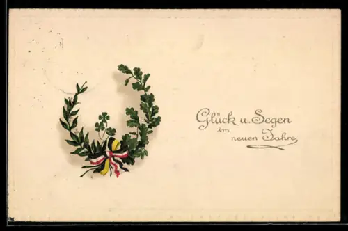 AK Eichenzweig, Misteln und Kleeblätter, Neujahrsgruss, Zweibund