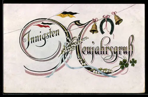 AK Maiglöckchen, Hufeisen und Glocken, Neujahrsgruss, Zweibund