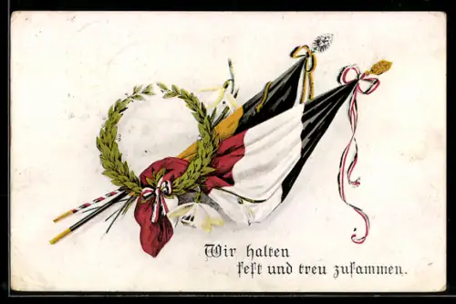 AK Wir halten fest und treu zusammen, Fahnen mit Kranz, Zweibund