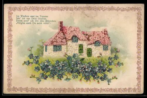 AK Aus Blumen gebautes Haus mit Klee und einem Feld Vergissmeinnicht, Blumenbild