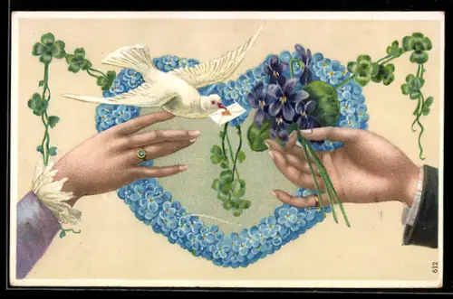 AK Herz aus Vergissmeinnicht mit weisser Taube, Veilchen und Klee, Blumenbild