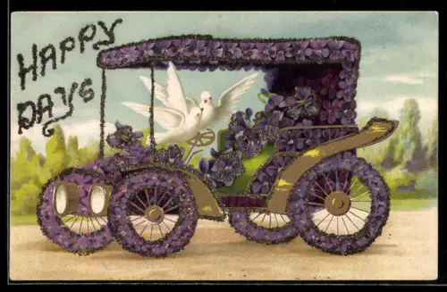 AK Blumenauto, Veilchen, weisse Tauben