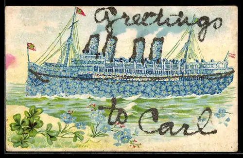 AK Aus Vergissmeinnicht gebauter Dampfer mit Kleeblättern