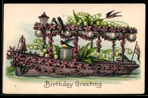 AK Boot mit Schwalben, Blumenbild