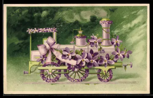 AK Lokomotive mit Veilchen verziehrt