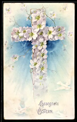 AK Kreuz aus weissen Blumen mit Taubben