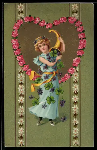 AK Mädchen mit Füllhorn in einem Herz aus Rosen, Blumenbild