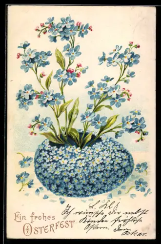 AK Blumenbild Osterei aus blauen Blüten