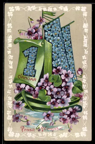 AK Mit Vergissmeinnicht und Veilchen verziertes Boot, Blumenbild