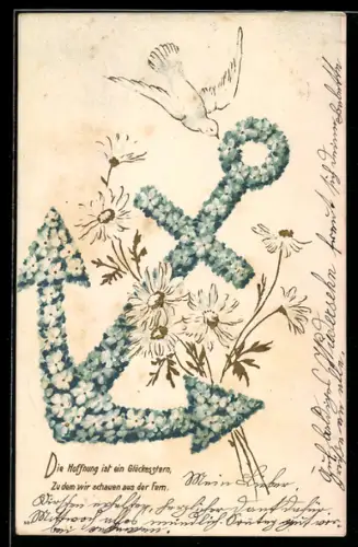 AK Aus Blumen bestehender Anker mit weisser Taube, Blumenbild