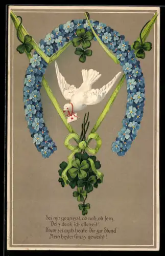 AK Herzlichen Glückwunsch zum Geburtstag, mit Vergissmeinnicht besetztes Hufeisen m. Kleeblättern und einer Brieftaube