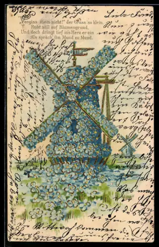 AK Aus Vergissmeinnicht gebaute Mühle, Blumenbild
