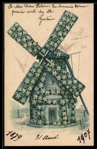 AK Windmühle aus Vergissmeinnicht m. Tauben