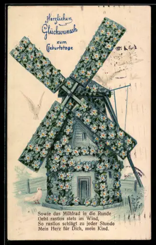 AK Windmühle aus Vergissmeinnicht m. Tauben
