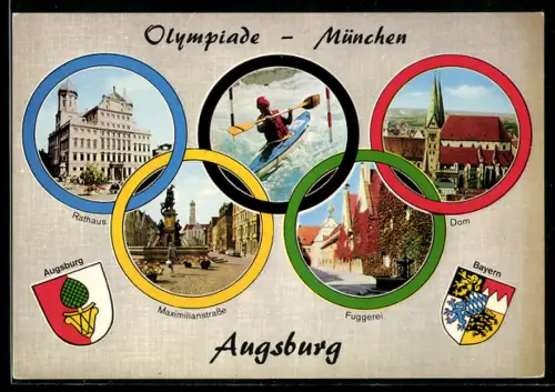 Passepartout-AK München, Olympiade München-Augsburg, Strassenpartien, Wappen, Olympiaringe