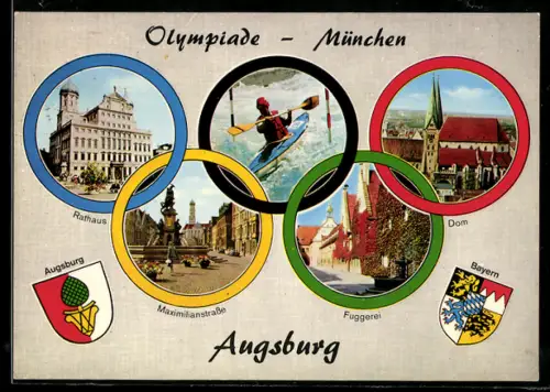 Passepartout-AK München, Olympiade München-Augsburg, Strassenpartien, Wappen, Olympiaringe