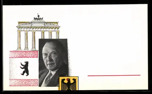AK Portrait von Konrad Adenauer mit dem Brandenburger Tor